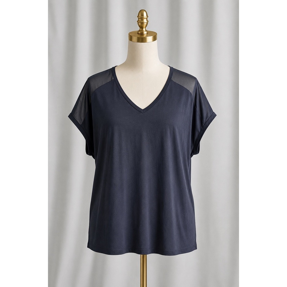 New TAHARI Bally‎ Knit T-shirt Black Popover Top Lightweight Soft Tee V-Neck L